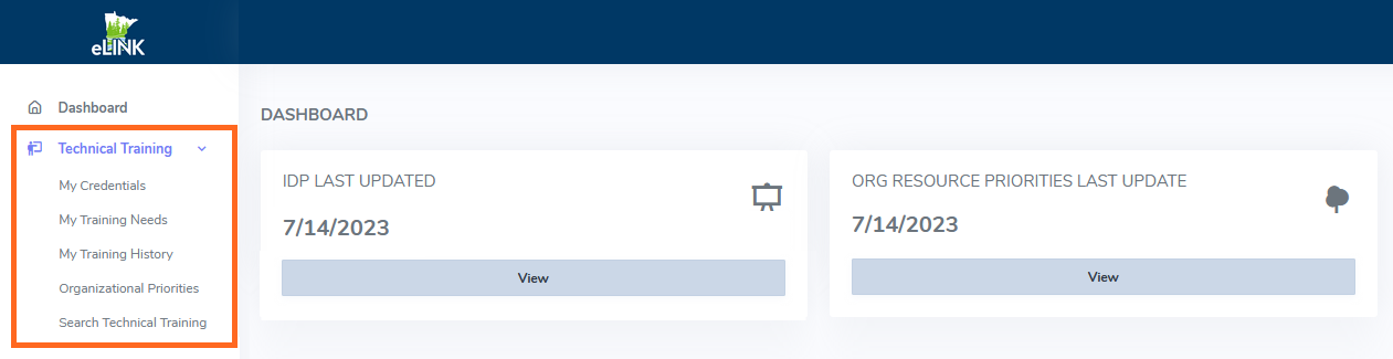 Screenshot of Tech Training menu and dashboard icons in eLINK.