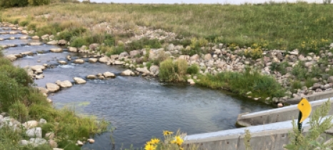 Lines of large rocks placed in a river reflecting blue sky