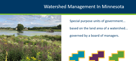 A PowerPoint slide lists special purpose units of government: watershed districts, joint powers watershed management organizations, and county water management organizations.